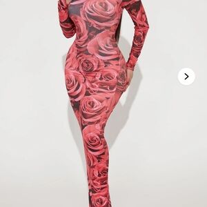 Floral Long Sleeve Bodycon Dress See Through Mesh On Sleeves & Side Of Leg Hip